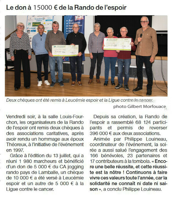 La Randonnée de l'Espoir du 13 juillet 2025 a permis de remettre 15 000 € aux 2 associations, soit <div>10 000 € pour LEUCEMIE ESPOIR 22 et</div><div> 5 000 € à la LIGUE CONTRE LE CANCER</div>